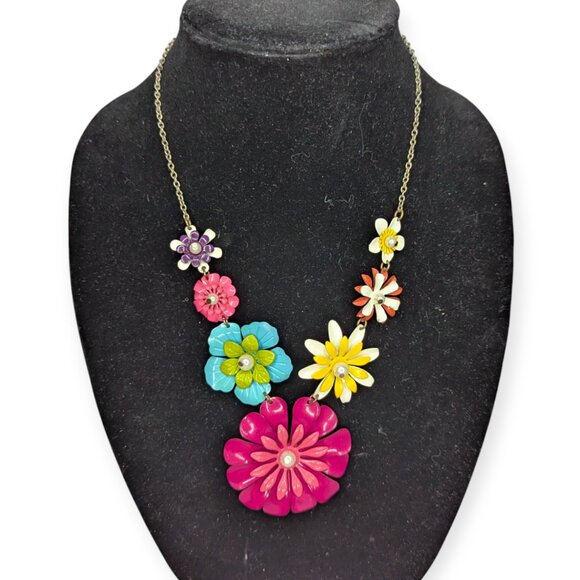 Colorful Metal Floral Necklace & Chain Pink Teal Yellow & Purple w/Lobster Clasp - Picture 1 of 11